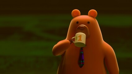 Cute cartoon bear wearing a tie and drinking coffee against green background, humorous representation of a dad during morning routine, Father's Day concept, 3D render, minimal character design © Omar