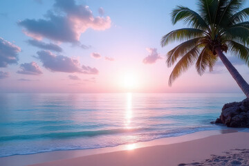 Obraz premium Stunning Sunset Beach Scene: Soft Blue Lilac Skies, Turquoise Water, Swaying Palm Silhouettes