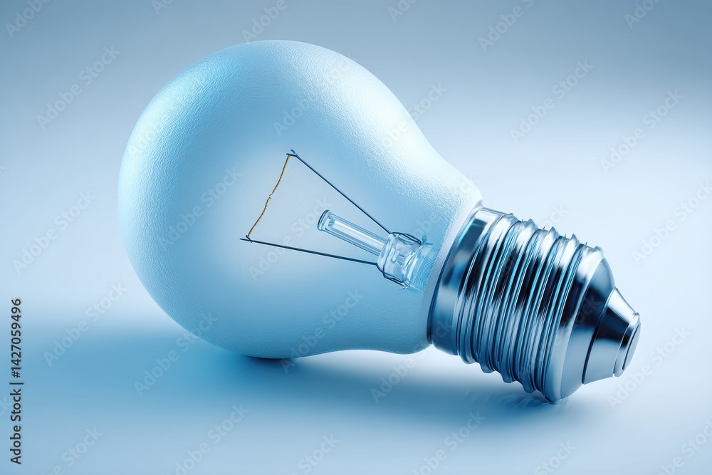 Poster a soft, diffused blue light illuminating a light bulb with a visible filament, capturing a sense of 