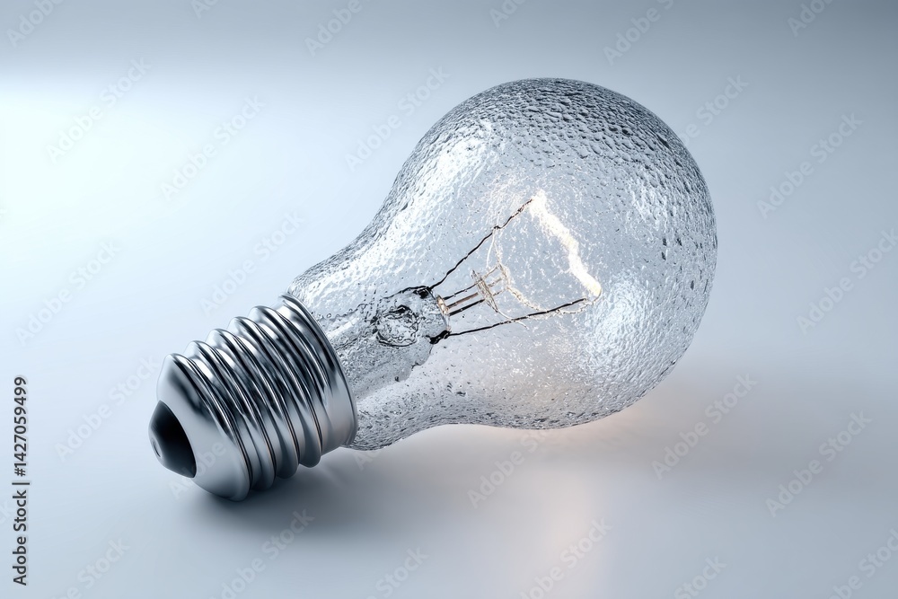 Poster a close-up of a frosted glass lightbulb, illuminated, showcasing the texture and metallic base on a 