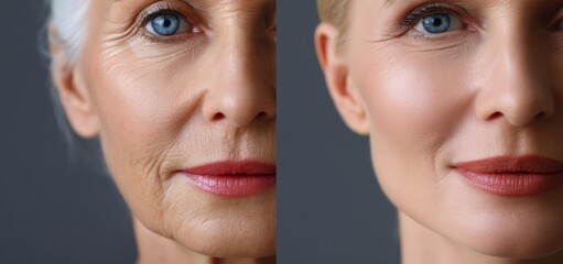 A senior woman is shown in closeup before and after her biorevitalization procedure