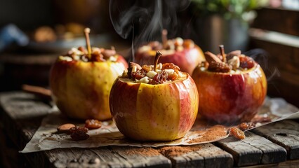 Extreme close-up of baked apples, almond- and raisin-filled, warm and comforting.