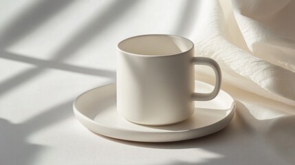 Obraz premium White Ceramic Mug And Saucer On White Linen Cloth Under Sunlight