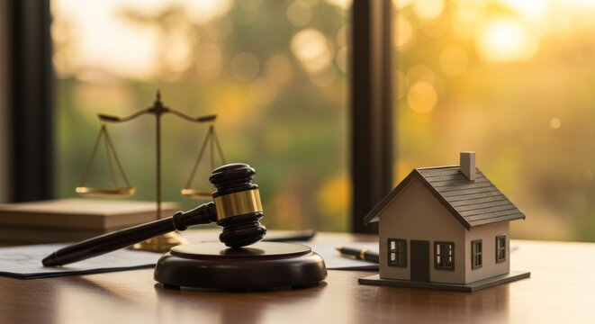 Symbolic gavel resting on a wooden desk beside a miniature house, representing the concepts of justice and real estate law, with a warm, blurred background highlighting a serene atmosphere