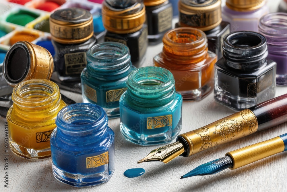 Poster a colorful array of glass ink bottles and fountain pens create an inviting artistic scene, perfect f