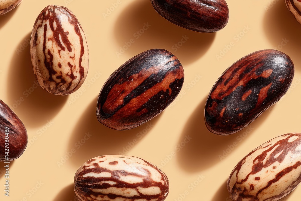 Poster a macro shot of several nutmeg seeds scattered on a light orange background, showcasing their unique