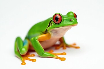 Obraz premium Green tree frog perched on white, vibrant skin, wet, tropical, frog