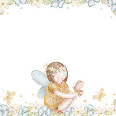 Flower frame with a fairy girl sitting in a chamomile, violet, daisy. Watercolor illustration of a sorceress, elf hand drawn in reto style, isolated on background for holiday, postcard, baby birthday