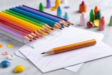 Fototapeta premium A vibrant and creative scene featuring colorful pencils, crayons, and a sketchbook, perfect for illustrating artistic expression, childhood imagination, and educational materials.