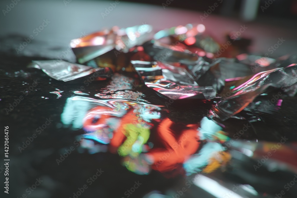 Poster abstract metallic fragments and refracted colorful shapes dance on a reflective surface, creating a 