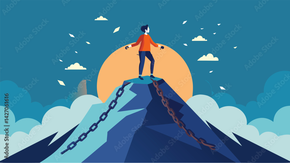Poster a person stands atop a mountain breaking chains with each step representing their strength and deter