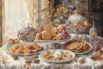 A luxurious still life in the style of classical painting depicting a rich table set with exquisite dishes and desserts 