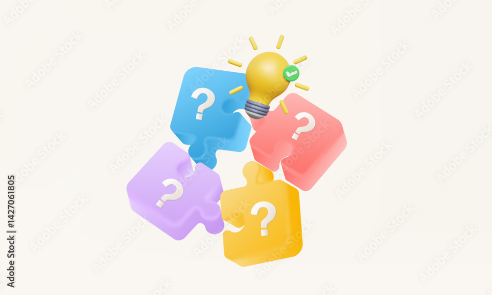 Poster brainstorming teamwork development innovation new idea jigsaw puzzle pieces with question mark partn