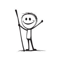 Smiling stick figure holding a pole and waving hand vector illustration