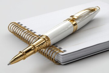 Fototapeta premium A luxury gold and white pen resting elegantly on a pristine white spiral notebook, symbolizing creativity, ideas, and sophisticated writing, business tool, minimal scene.
