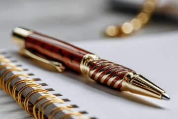 Fototapeta premium Close-up of an elegant handcrafted wooden pen with gold accents, lying on a notebook, showcasing fine craftsmanship and attention to detail on a clean white surface.