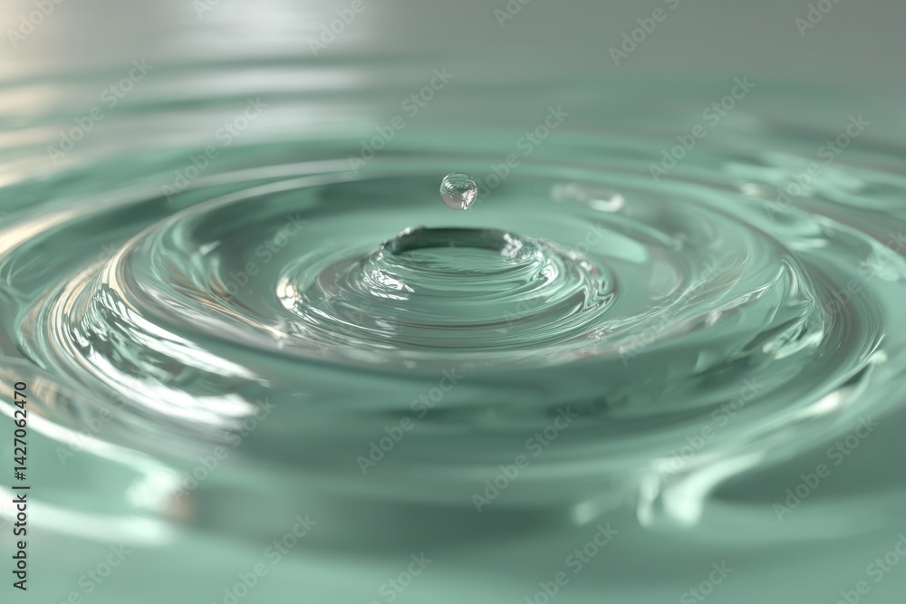 Poster a captivating close-up shot of a water droplet impacting a calm surface, creating ripples and patter