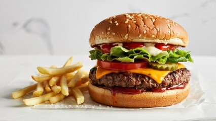 Extreme close-up of tasty burger isolated on white background, with french fries and meat.