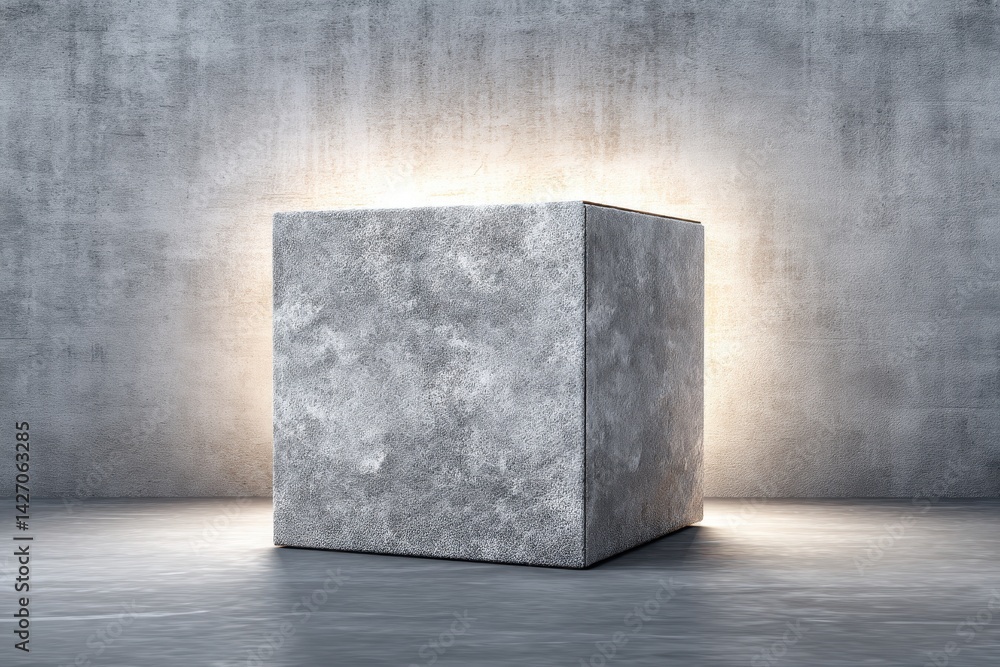Poster concrete cube in a minimalist studio setting, illuminated by a soft backlight, casting subtle shadow