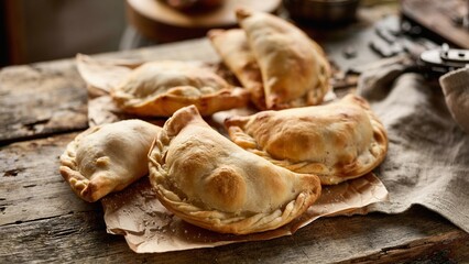 Fototapeta premium Rustic baked empanadas on parchment, golden flaky pastry turnovers, homemade savory snack food on wooden table