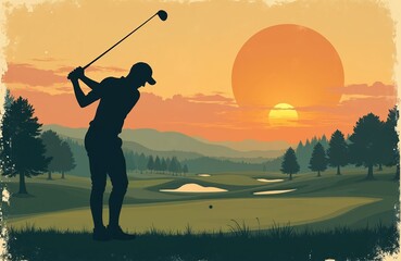 Vintage golf poster illustration. Silhouette golfer swings club, scenic course, warm sunset backdrop. Retro style, golf tournament, golf club, competition. Nostalgic design.