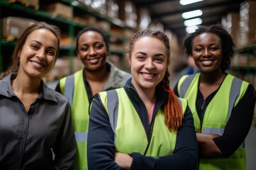 Smiling portrait of a diverse group of female warehouse workers and managers working in a warehouse