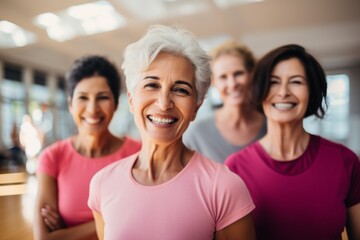 Smiling portrait of a group of senior women in sports clothes in a gym