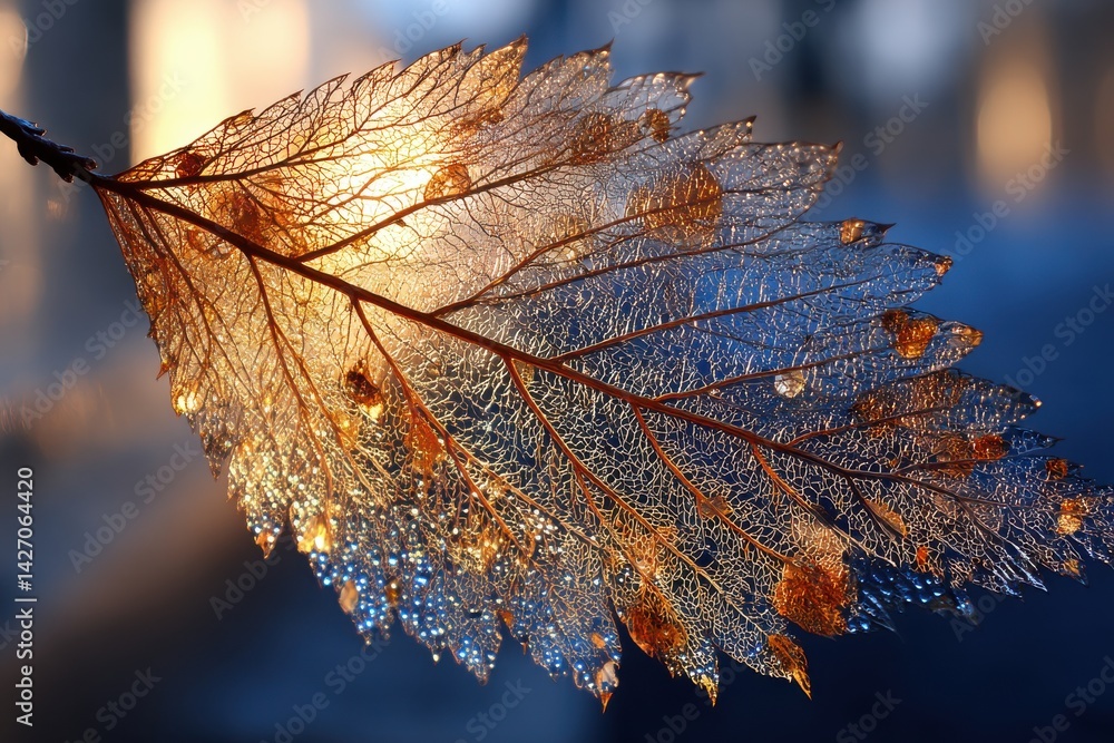 Poster a close-up view of an intricate leaf skeleton, highlighted by the golden light of dawn, creating a b
