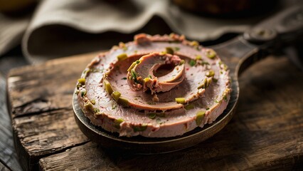 Extreme close-up of Solomon Gundy p�t�, its smooth texture flecked with spices and rich pickled herring flavor.