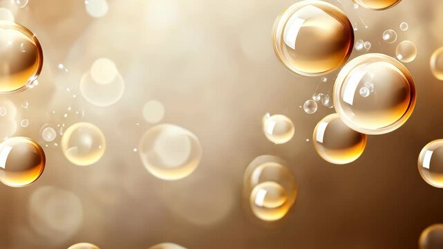 Golden bubbles ascending in sunlit liquid motion