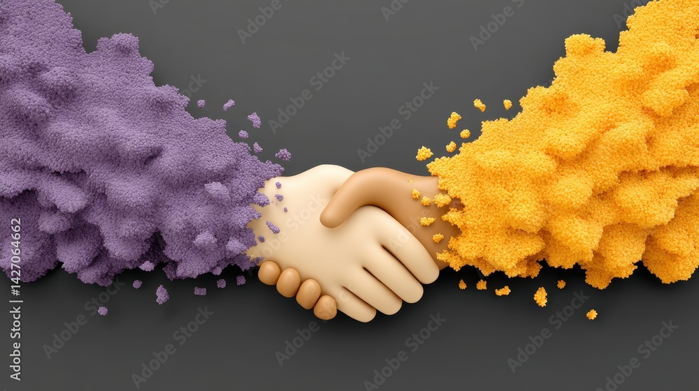 Poster a colorful handshake emerging from vibrant, textured clouds symbolizes unity and collaboration in a 