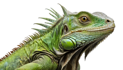 Close up portrait of a green iguana reptile with spiky scales on a black background detailed animal photo image png on transparent background