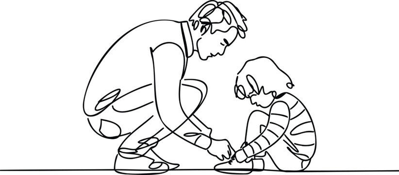 vector line art image of a dad helping his child tie shoelaces, symbolizing teaching and patience, useful for education, growth, parental support themes