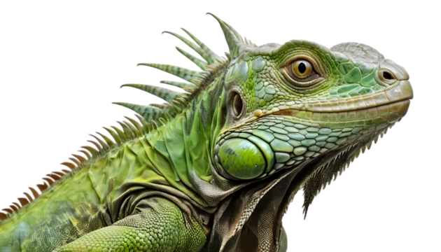 Close up portrait of a green iguana reptile with spiky scales on a black background detailed animal photo image png on transparent background