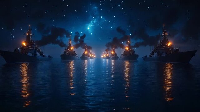 Spectacular armada warships illuminated under a mystical night sky with shining stars