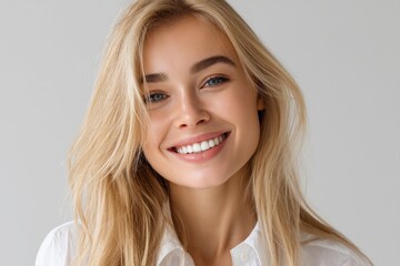 A beautiful woman with a happy smile and white teeth is captured in a high-resolution portrait, epitomizing beauty