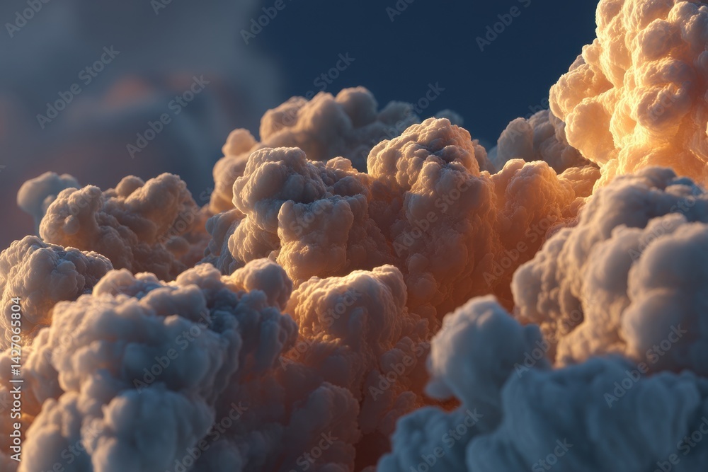 Poster dramatic close-up view of fluffy clouds against a dark blue sky, illuminated by the warm glow of the