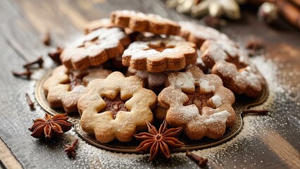 Fototapeta premium Rustic Christmas cookies on baking tray, star-shaped holiday gingerbread biscuits, warm cinnamon spice dessert close-up