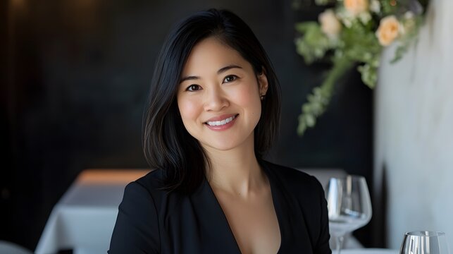 Portrait of a smiling woman with short dark hair in a black jacket in a restaurant setting indoors