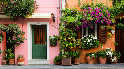 Charming Italian Street Scene With Pink And Orange Houses And Lush Flowers