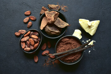 Ingredients for making hot chocolate. Top view with copy space.