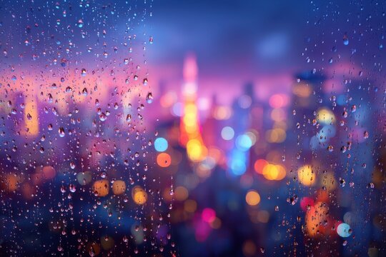 Raindrops on a window with a blurred cityscape background at twilight, creating a dreamy, atmospheric mood and enhancing the city lights. - Powered by Adobe