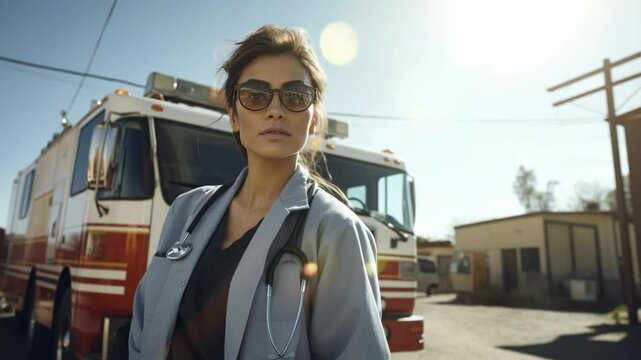 Confident Female Paramedic with Stethoscope Standing in Front of Fire Truck on Sunny Day