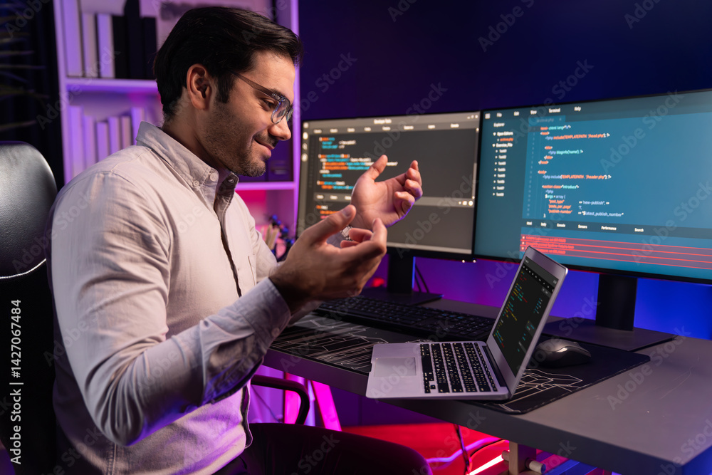 Poster serious smart it developer meeting via application team record on laptop to solve problem in error s
