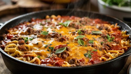 Extreme close-up of Johnny Marzetti  Casserole with ground beef, noodles, cheese, and tomato sauce.