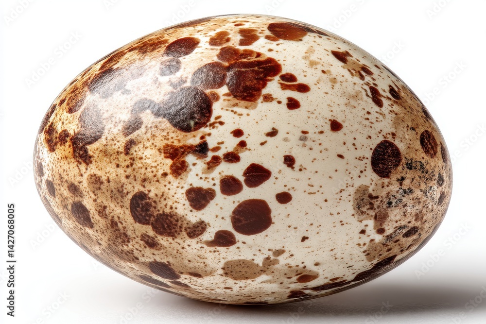 Poster a detailed close-up shot of a single speckled bird egg on a white background, showcasing its unique 