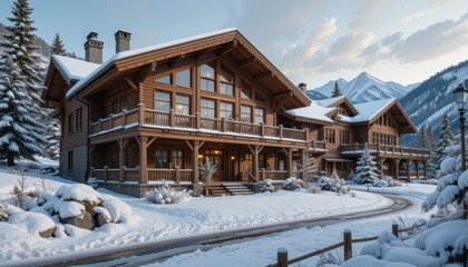 Fototapeta premium Elegant wooden chalet surrounded by snow-covered landscape and majestic mountains at dusk
