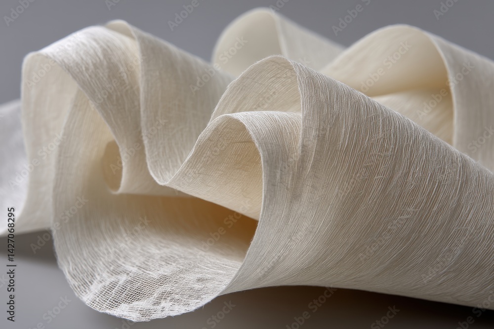 Poster an elegant close-up shot of flowing, translucent white linen fabric, gently draped to show its delic
