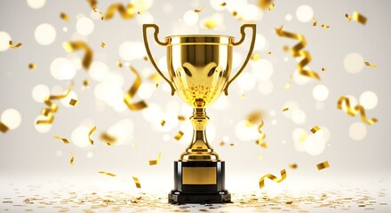 Triumph and success golden trophy, celebrating achievements with flying confetti