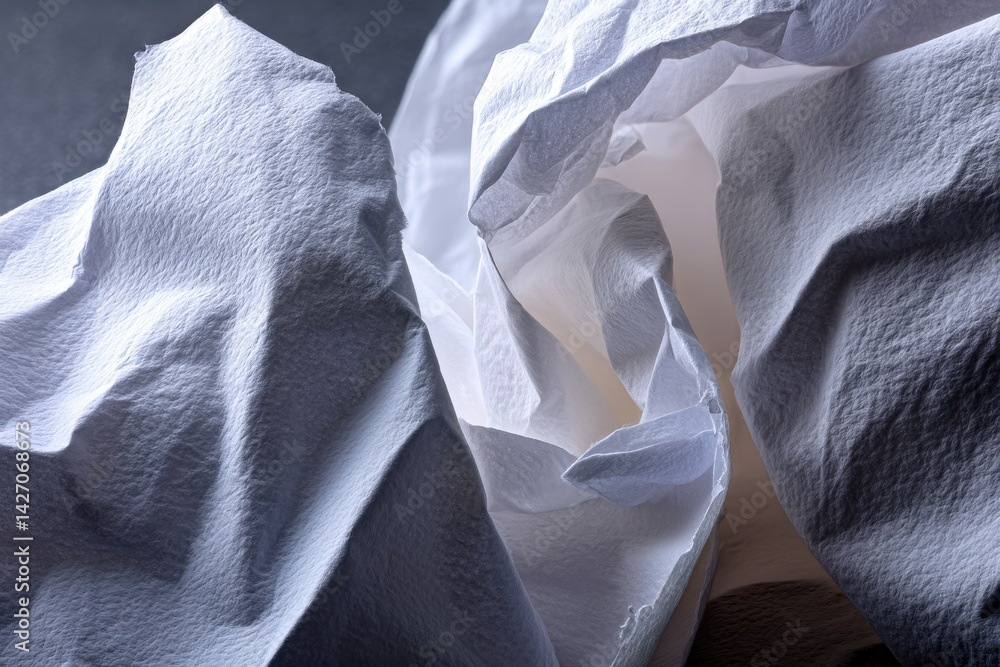 Poster close up of textured and crumpled white paper, showcasing intricate details, abstract patterns, and 